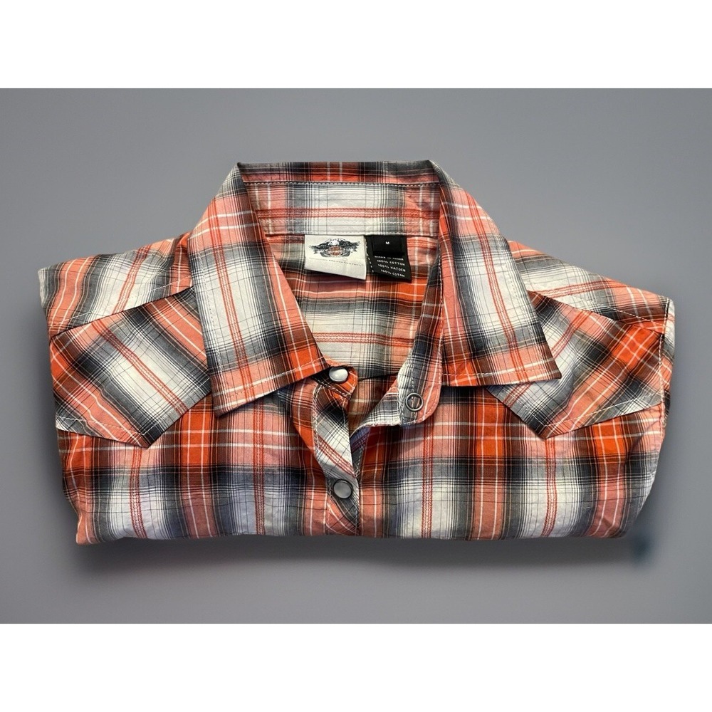 Harley Davidson Short Sleeve Shirt Pearl Snap Orange Logo Women's Medium JBHS - Picture 9 of 10
